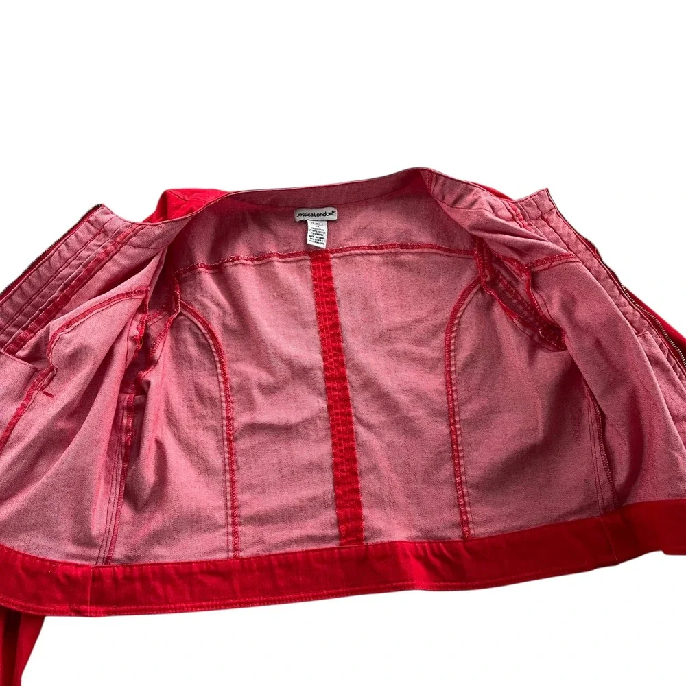 Jessica London Women 14 Red Denim Cotton Blend Full Zip Ruffle Front Jean Jacket